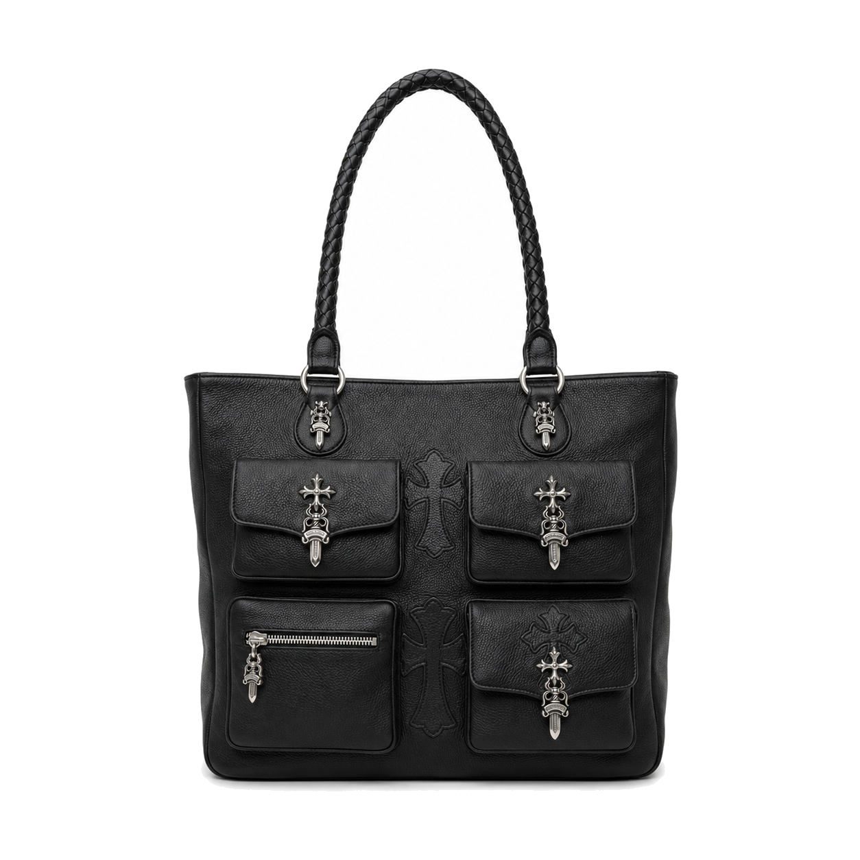 BLACK 4 POCKET CROSS PATCH TOTE BAG front