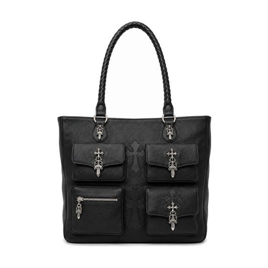 BLACK 4 POCKET CROSS PATCH TOTE BAG front