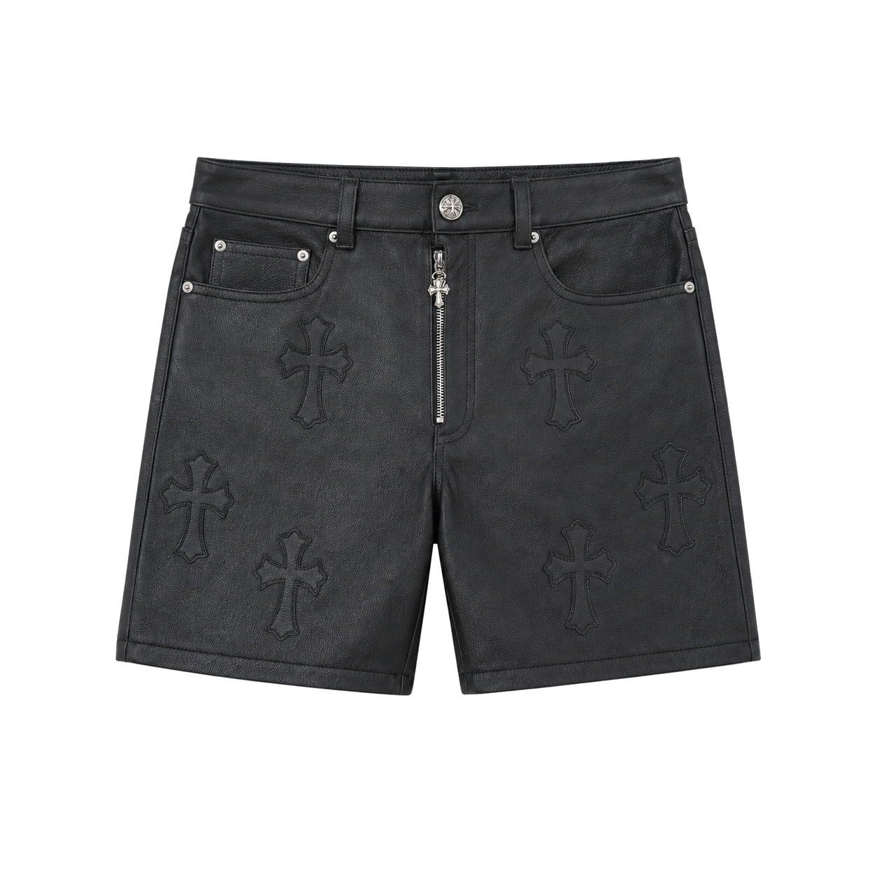 BLACK CROSS PATCH LEATHER SHORTS K13 front