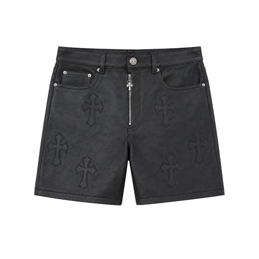 BLACK CROSS PATCH LEATHER SHORTS K13 front