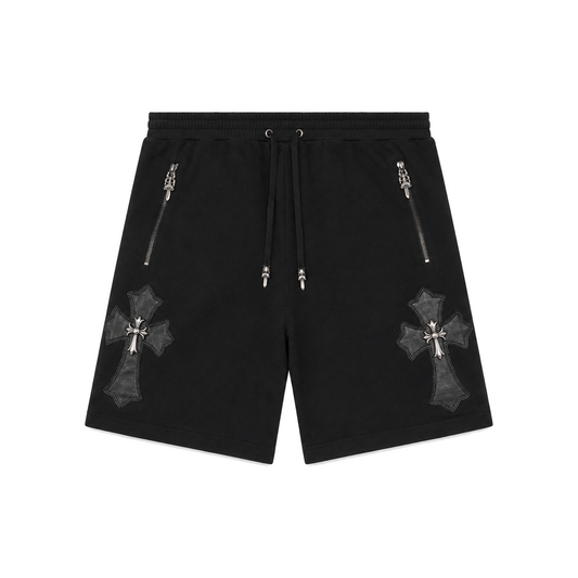 BLACK LEATHER CROSS PATCH SCROLL SHORTS front