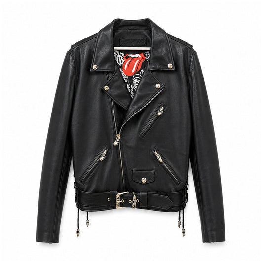 BLACK LIP AND TONGUE BIKER JACKET — front view