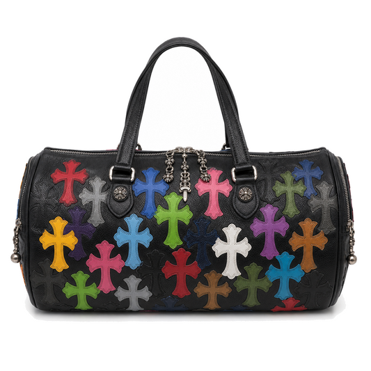 BLACK MULTICOLOR CROSS PATCH DUFFLE BAG front