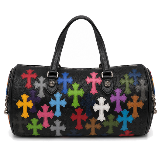 BLACK MULTICOLOR CROSS PATCH DUFFLE BAG back