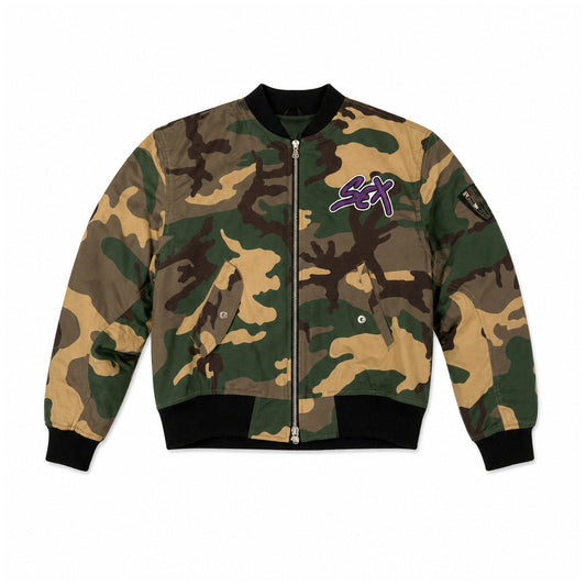 GREEN CAMO SEX RECORDS BOMBER JACKET — front view