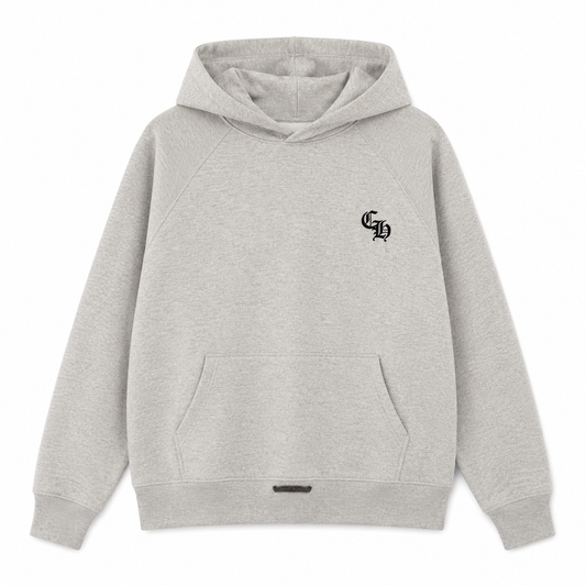 Grey Gothic Logo Hoodie front