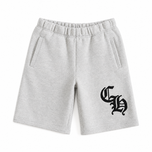 Grey Gothic Logo Shorts front